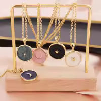 Gold Chain Stars Moon Heart Round Enamel Necklace